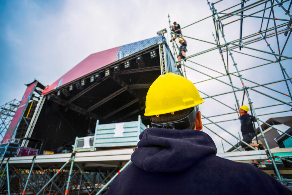 Stage built with Layher scaffolding for live music event